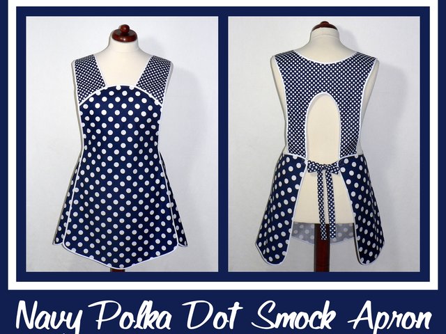 Navy Blue Polka Dot Retro 50s Smock, relaxed fit H-back apron (no ties at neck) XS to 4X made to order w/ pocket options