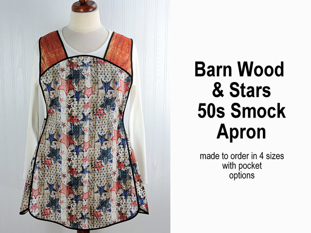 Patriotic Barn Wood and Stars Retro 50s Smock Apron, relaxed fit H-back style doesn't touch neck, LAST ONE made to order