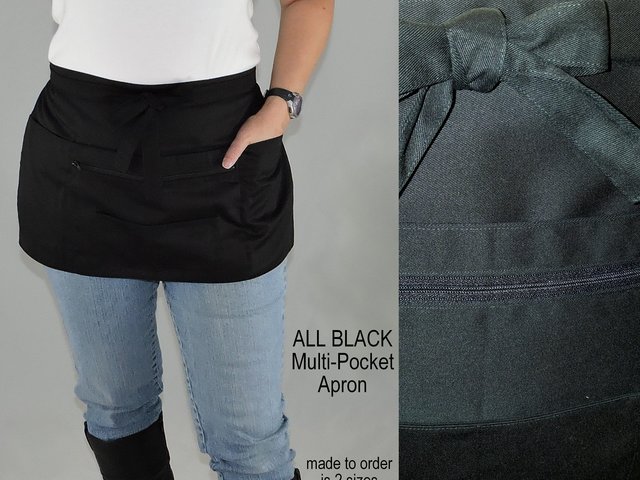 All Black Multi-Pocket Apron (Teacher + Vendor + Gardener + Photographer) Waitress Apron with zipper pocket, 2 sizes