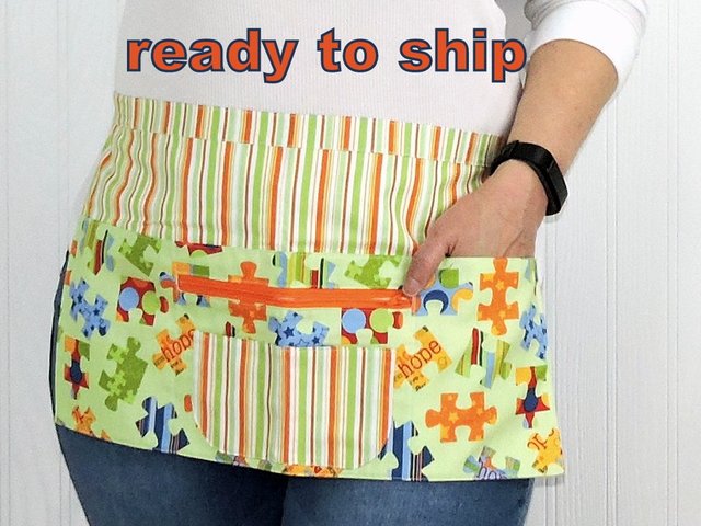 SHIPS FAST~ Autism Awareness (Teacher, Daycare, Pre-K) Multi-Pocket Apron with zipper-- ready to ship fits waists up to 40 inches