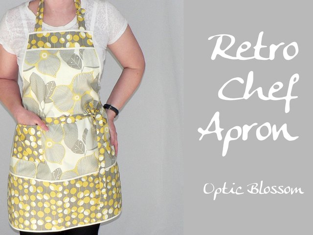 Optic Blossom Retro Chef Apron with pocket, pretty hostess apron, retro kitchen decor, typical one-size-fits-most