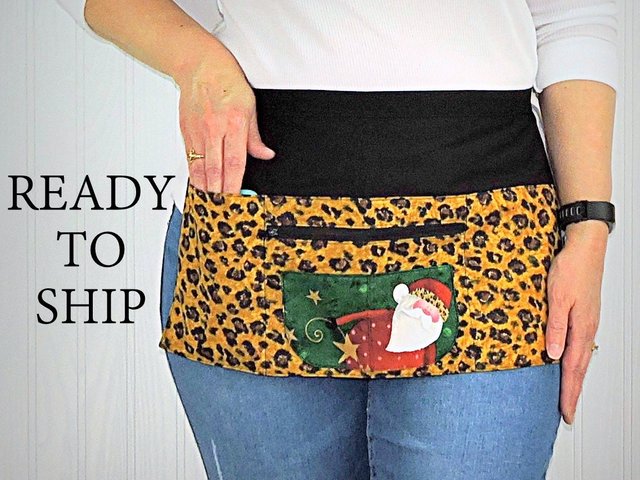 SHIPS FAST~ Leopard Print Santa Multi-Pocket Teacher Apron, Christmas Vendor Apron with money pocket, ready to ship fits waists up to 40"