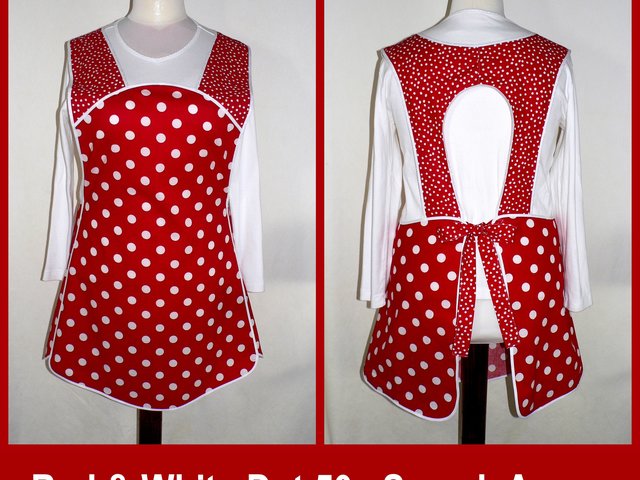 Red and White Polka Dot 50s Smock, relaxed fit apron (h-back apron) made-to-order XS to 4X with pocket options