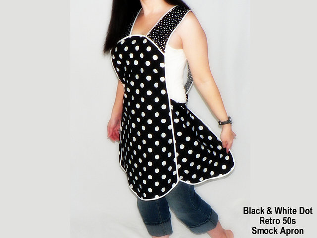 Black and White Polka Dot Retro 50s Smock Apron, relaxed fit "H-back" doesn't touch neck, XS - 4X  w/ pocket options