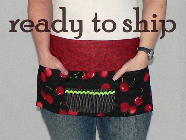 SHIPS FAST~ Sweet Cherry multi-pocket apron (with secure money pocket) great for teachers; waitress; ready to ship fits waist up to 40"