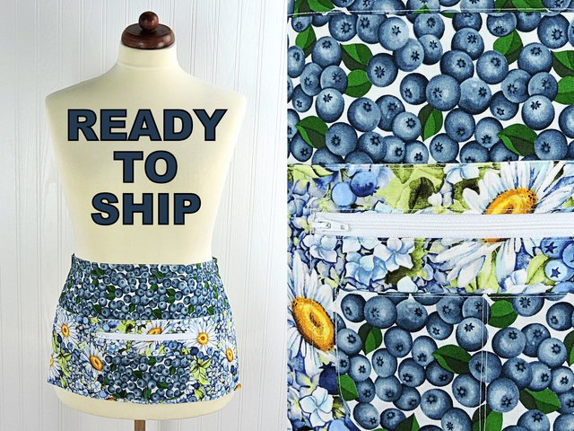 SHIPS FAST~ Blueberry multi-pocket apron, waist apron with money pocket, delightful teacher gift, ready to ship fits waists up to 40 inches