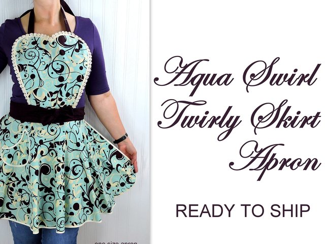 SHIPS FAST~ Aqua Swirl Twirly Skirt Apron with heart bib, vintage-style kitchen apron, diner style accessory, hostess apron, ready to ship