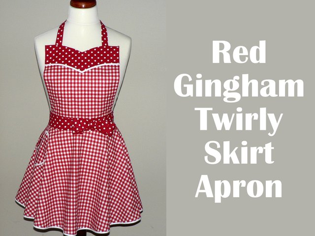 Red Gingham Twirly Skirt Apron with circle skirt + sweetheart neckline, flirty kitchen apron with pocket, retro diner style, one size
