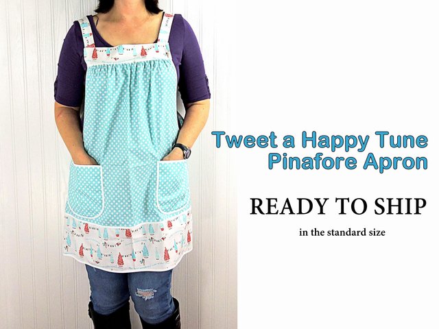 SHIPS FAST~ Tweet a Happy Tune Holiday Pinafore with no ties, relaxed fit smock with pockets, Christmas apron fits L-XL-2X ready to ship