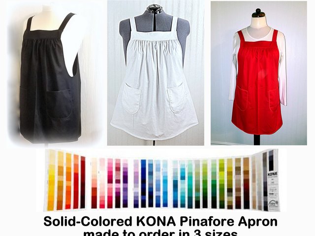Custom Planned XS-5X Pinafore Apron with no ties in solid colored KONA cotton, relaxed fit smock with pockets, choose your color