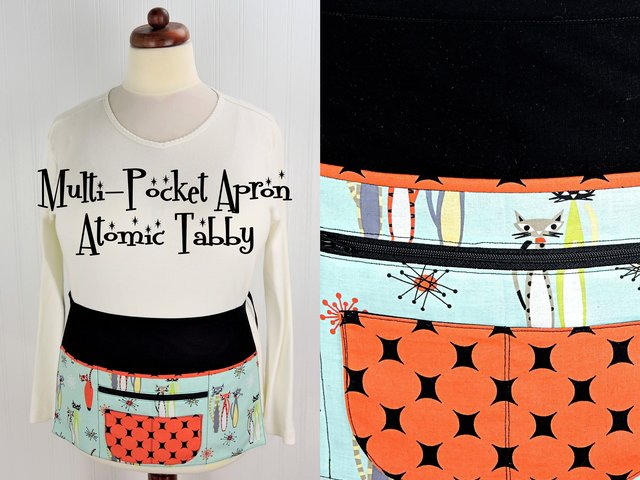 SHIPS FAST~ Atomic Tabby Cat Apron (teacher, waitress, artist) multi-pocket apron with zipper section, ready to ship fits waists up to 40"