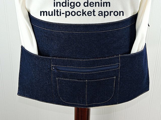 SHIPS FAST~ Indigo Denim Half Apron, sturdy 6 Pocket Waitress Apron with zipper pocket, ONE apron fits waists up to 40" ready to ship