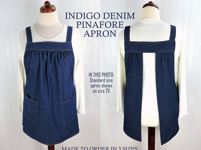 Indigo Denim Pinafore Apron with no ties (relaxed fit) very sturdy artist smock with pockets, made-to-order XS to 5X