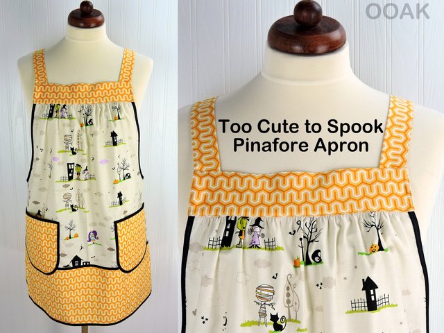 SHIPS FAST~ Too Cute to Spook Halloween Pinafore Apron with no ties fits L/XL/2X, relaxed fit smock with pockets ready to ship