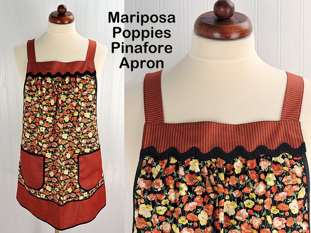 Mariposa Poppies Pinafore Apron with no ties, relaxed fit smock with pockets, fall colored apron