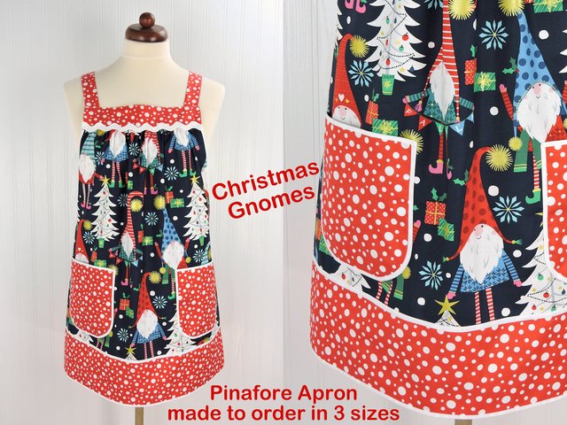 XS - 5X Plus Size Christmas Gnomes Pinafore with no ties, relaxed fit smock with pockets, over the head apron