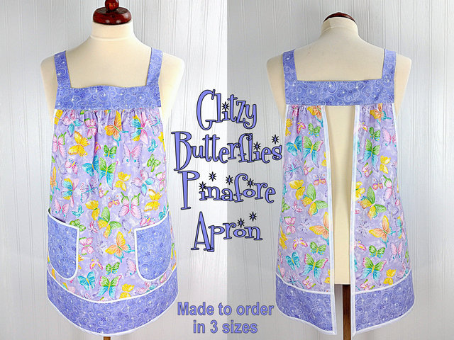 Purple Glitzy Butterflies Pinafore with no ties, relaxed fit smock apron with pockets, colorful with a bit of sparkle XS -5X