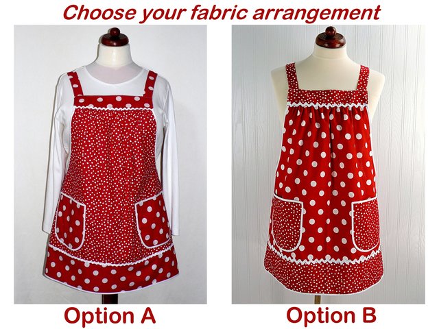 Red Polka Dot Pinafore with no ties, relaxed fit smock apron with pockets,  made to order XS to 5X