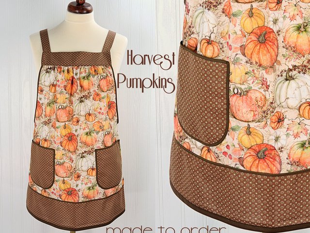 XS - 5X Harvest Pumpkins Pinafore with no ties, relaxed fit smock with pockets, fall apron, Susan Winget Harvest