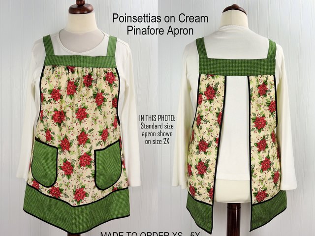 Poinsettias on Cream Pinafore with no ties, XS - 5X relaxed fit smock with pockets, Christmas Floral Apron made to order