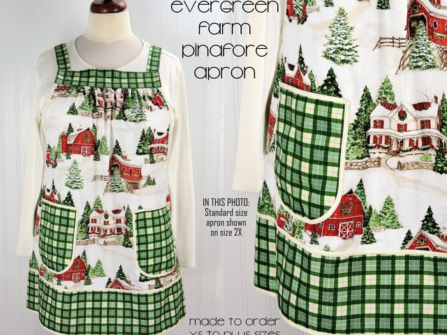 Evergreen Farm Pinafore with no ties, relaxed fit smock with pockets, Snowy Winter Scene Apron, handmade after order