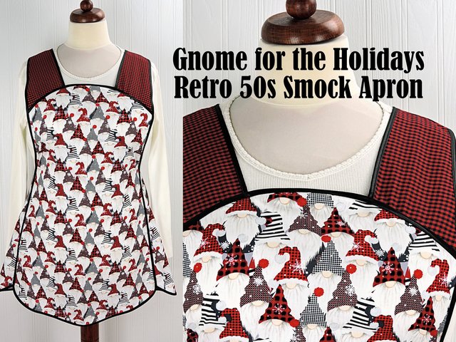 SHIPS FAST~ Gnome for the Holidays Retro 50s Christmas Smock, relaxed fit H-back apron, 1st sample available (fits L/XL) ready to ship