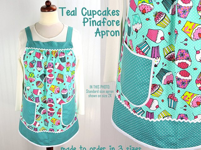 XS to 5X Teal Cupcakes Pinafore Apron with no ties, Relaxed Fit Smock with pockets,  handmade after order