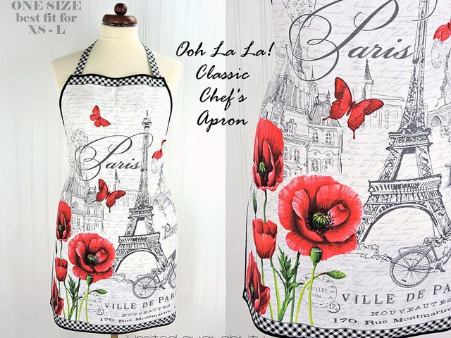 Ooh La La! Retro Chef Apron, pretty hostess apron, romantic Paris Toile with poppies and the Eiffel Tower, ties at neck and waist