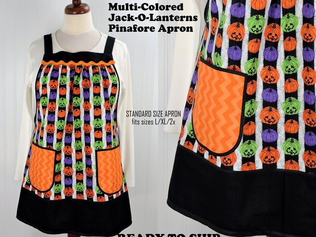 SHIPS FAST~ Jack-O-Lanterns Pinafore Apron with no ties, relaxed fit smock with pockets fits L/XL/2X, cute Halloween apron, Ready to Ship