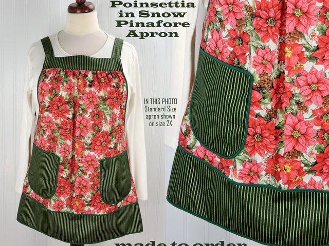 Poinsettia in Snow Pinafore with no ties, relaxed fit smock with pockets, red & green Christmas Floral Apron, LAST ONE made to order