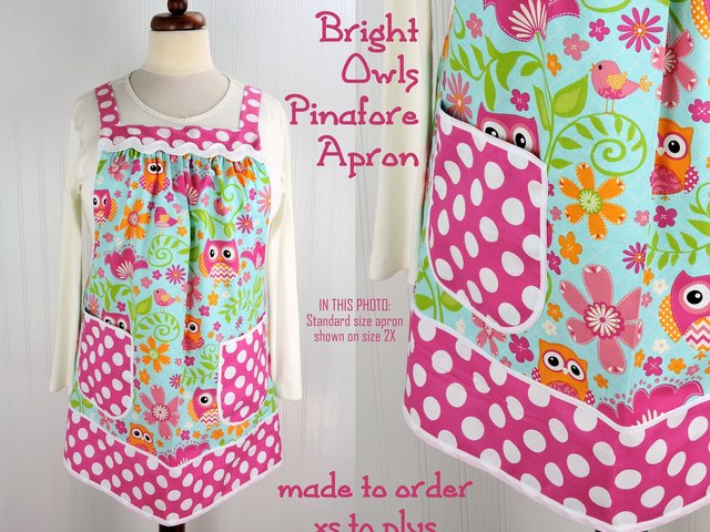 Bright Owls Pinafore Apron with no ties, Relaxed Fit Smock with pockets, made-to-order XS- Plus Size