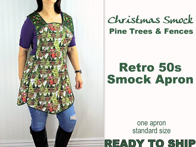SHIPS FAST~ Retro 50s Christmas Smock, Pine Trees and Fences with old Red Trucks relaxed fit H-back apron, fits L/XL ready to ship