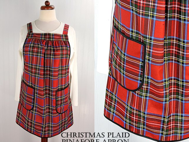 XS - 5X Christmas Plaid Pinafore with no ties, relaxed fit smock with pockets, handmade after order