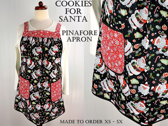 XS - 5X Plus Size Cookies for Santa Pinafore with no ties, relaxed fit smock with pockets, Christmas Apron