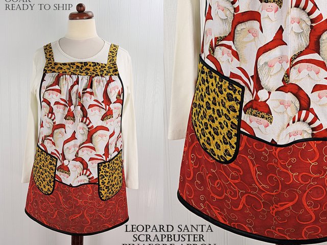 SHIPS FAST~ Delightful Leopard Santa Scrapbuster Pinafore with no ties, relaxed fit smock with pockets fits L/XL/2X ready to ship now