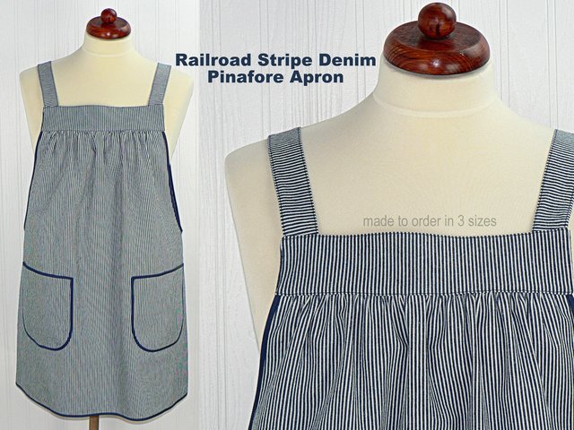 Indigo Railroad Stripe Denim Pinafore with no ties, relaxed fit blue jean apron, sturdy artist smock XS to 5X