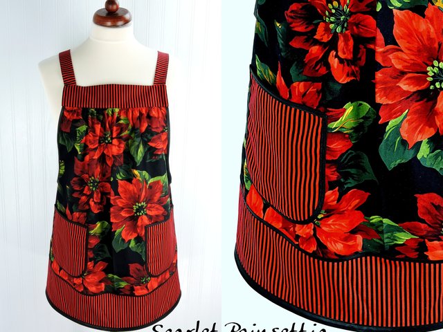 SHIPS FAST~ Scarlet Poinsettia Pinafore with no ties, relaxed fit smock with pockets, red flowers on black, (fits L/XL/2X) ready to ship