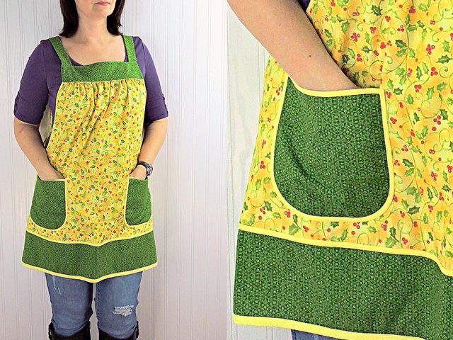 XS- 5X Christmas HOLLY Pinafore Apron with no ties, relaxed fit smock with pockets, holiday entertaining Xmas hostess