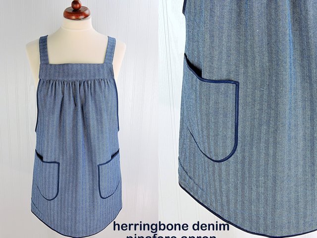 Herringbone Stripe Denim Pinafore with no ties, relaxed fit denim apron, very sturdy artist smock w/ pockets XS to 5X