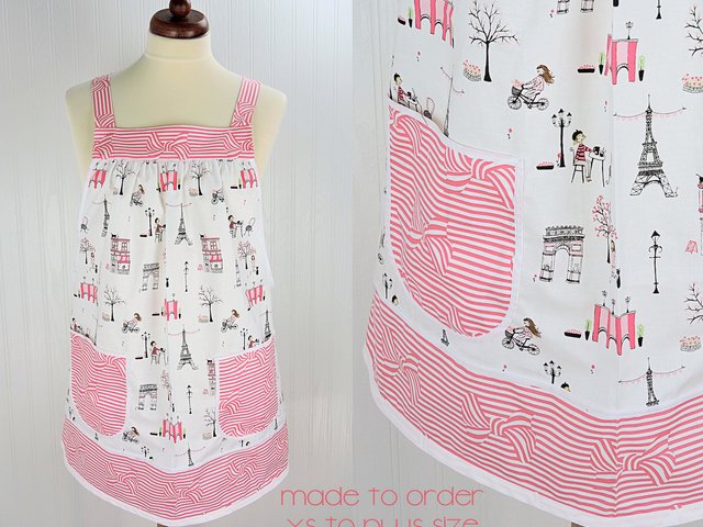 Romantic Paris Valentine Pinafore Apron with no ties, relaxed fit smock apron with pockets, LAST ONE made to order