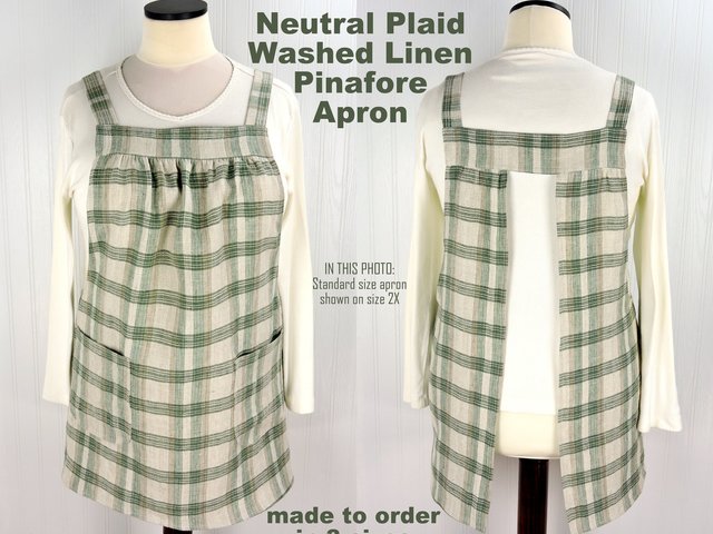 Neutral Plaid Washed Linen Pinafore Apron with no ties, 100% linen smock with pockets, made to order XS - Plus sizes