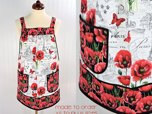Paris Toile with Poppies Pinafore Apron with no ties (XS- 5X) relaxed fit smock apron with pockets, made after order