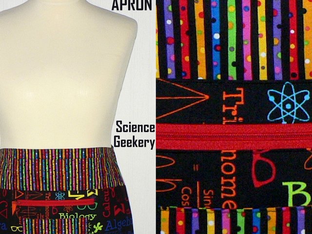Science Geekery Teacher Half Apron, multi-pocket apron with zipper pocket, for vendors, crafters, standard size fits waists up to 40 inches