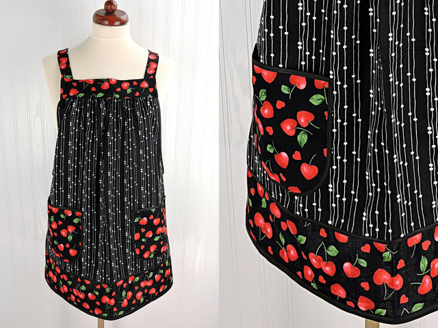 Sweet Cherry Hearts Pinafore Apron with no ties, relaxed fit smock apron with pockets, made to order to fit XS - 5X