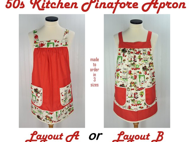50s Kitchen Pinafore Apron with no ties, smock apron with pockets made-to-order XS to 5X, select fabric arrangement options