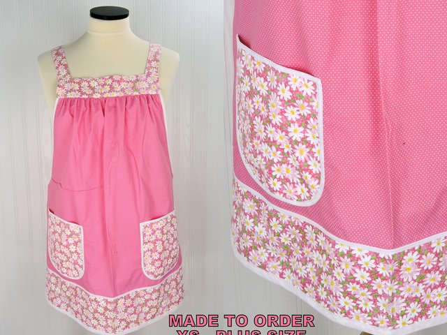 Daisies & Pin Dots on Pink Pinafore Apron with no ties, relaxed fit smock apron with pockets, made to order (XS - 5X)
