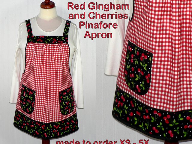 XS to 5X Red Gingham and Cherries Pinafore Apron with no ties, relaxed fit smock with pockets, retro kitchen apron