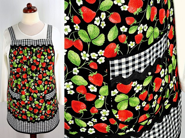 XS to 5X Strawberry Patch Pinafore (with Black Gingham accents) has no ties, relaxed fit smock apron with pockets