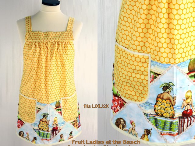 SHIPS FAST~ Fruit Ladies at the Beach Scrapbuster Pinafore, retro smock with pockets, doesn't touch neck, ready to ship fits L/XL/2X