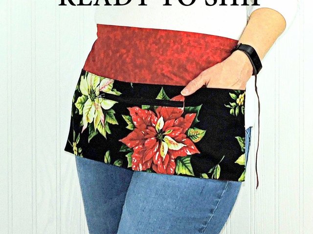 SHIPS FAST Red Tis the Season Poinsettia Multi-Pocket Teacher Apron, Xmas Vendor Apron with money pocket, Ready to Ship fits waist up to 40"